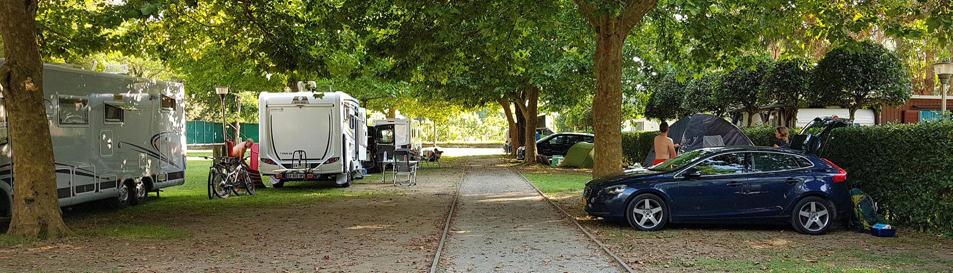 Campeggio con camper, auto e tende sotto alberi ombrosi.