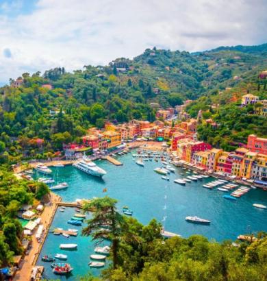 Portofino, picturesque Italian village with colorful houses and a charming harbor.